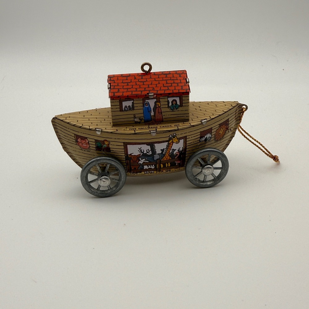 Vintage 1988 Hallmark Keepsake Noahs Ark Tin Christmas Ornament with Wheels